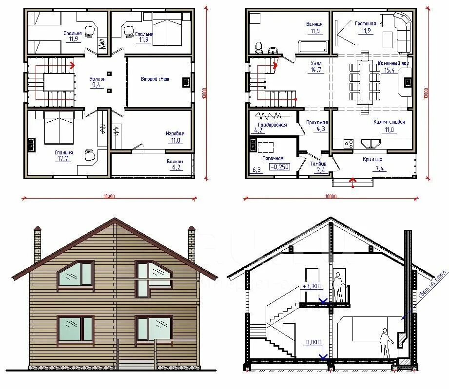 Проект двухэтажного дома чертежи Проект дома 10х10 из бруса - купить в Красноярске. Проекты, чертежи на интернет-