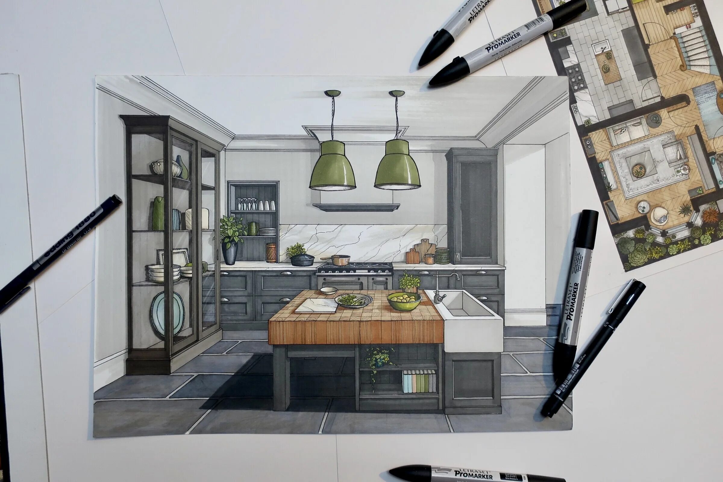 Проект интерьера кухни Interior design rendering of proposed kitchen extension. Drawing using promar. I