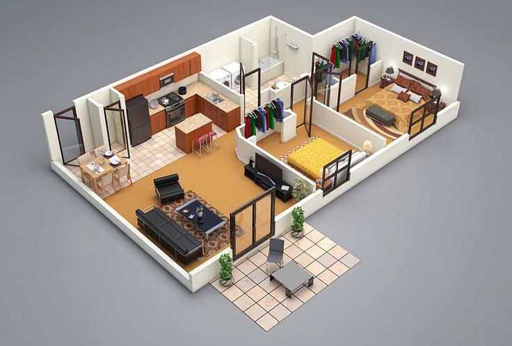 Проект интерьеров жилого дома 3d floor plan 2--bed Ev yapımı ev dekoru, Ev planları, Ev dekoru