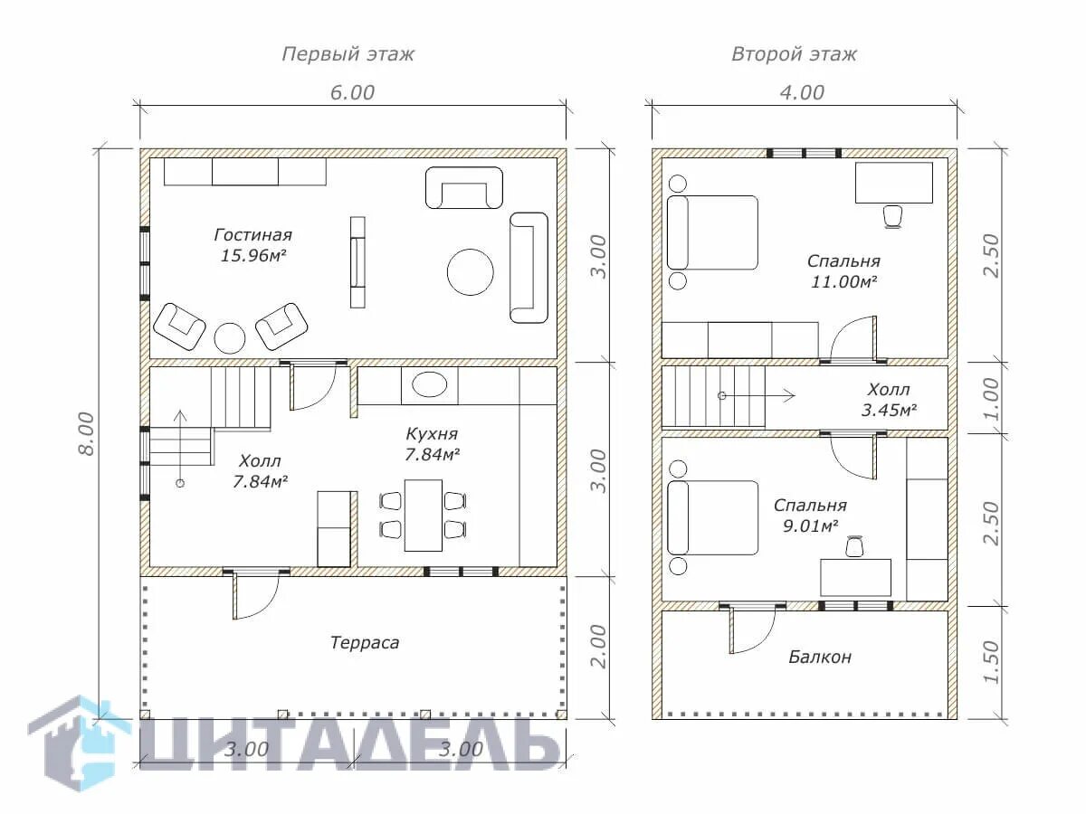 Проект каркасного дома 6х9 с чертежами Каркасный дом 6х8 с террасой ДК2