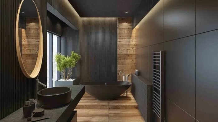 Проект комнаты 2024 дизайн ▷ 1001 + exemples de la salle de bain en noir et bois contemporaine Bathroom ren