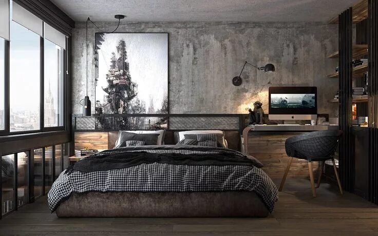 Проект комнаты в стиле лофт Un loft industriel à Kiev Industrial style bedroom, Industrial bedroom design, I