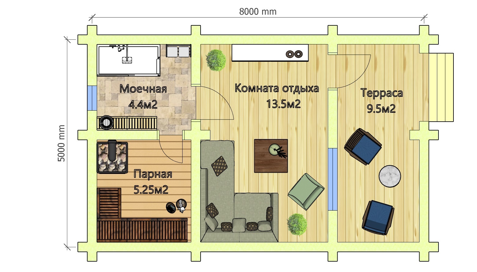 Проект маленькой бани фото Деревянные бани 6 х 8 из оцилиндрованного бревна #250 с террасой.