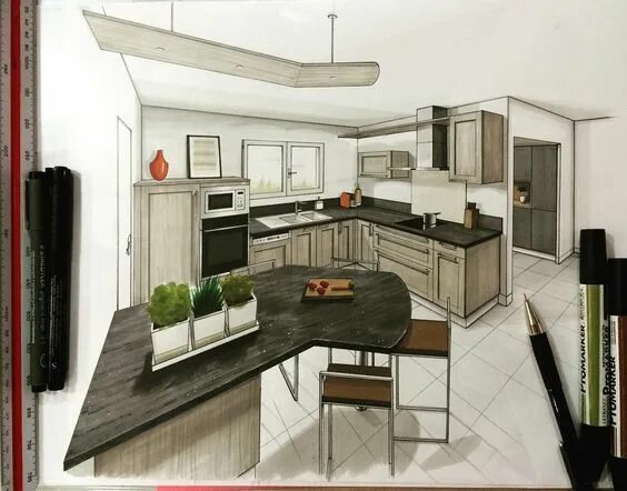 Проект мастера дизайна Школа скетчинга и дизайна Arte de Grass Croquis maison, Cuisine dessin, Maison d