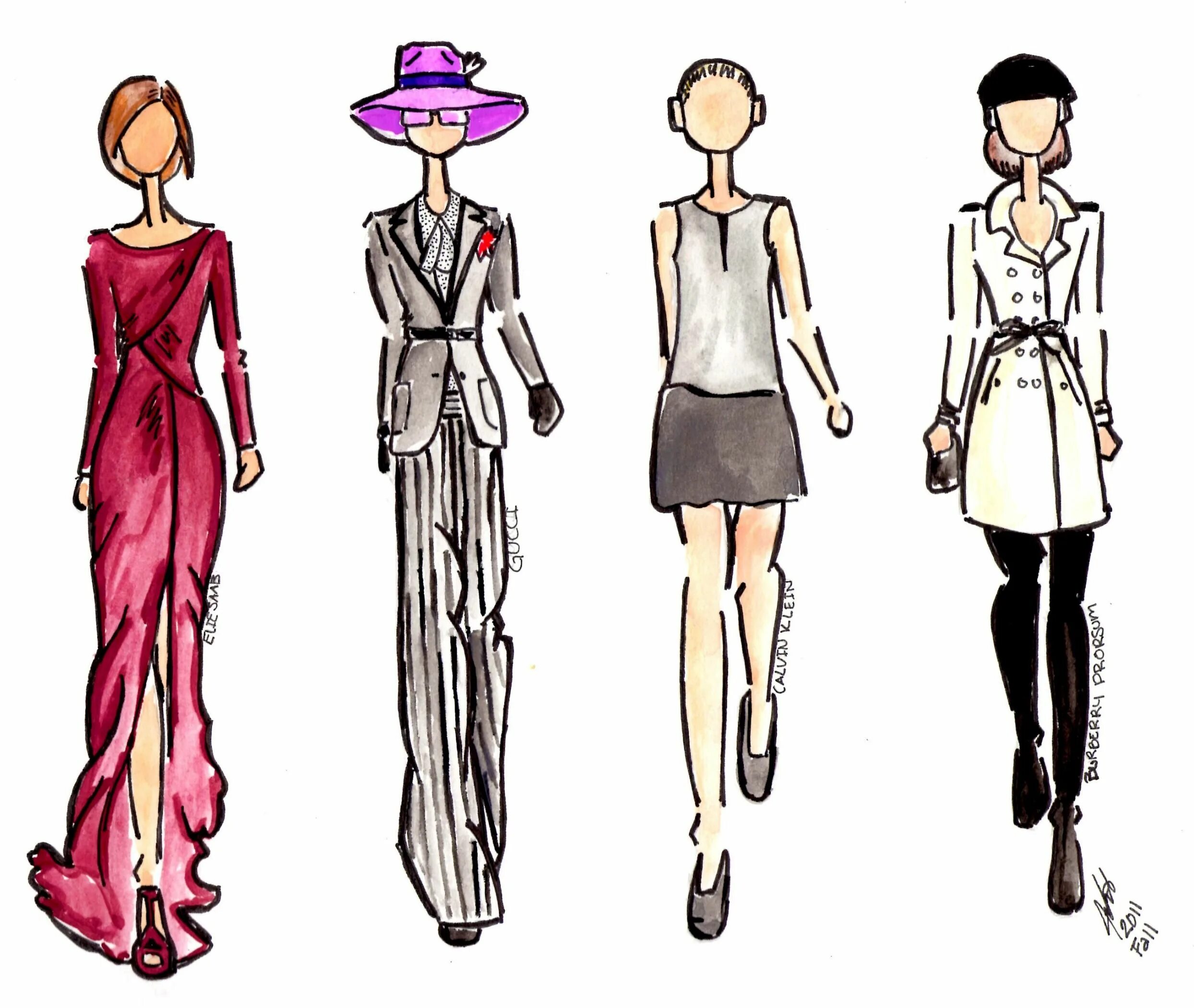 Проект на тему дизайн одежды Sketch of Elie Saab, Gucci, Calvin Klein, and Burberry fall 2011 Women clothing 