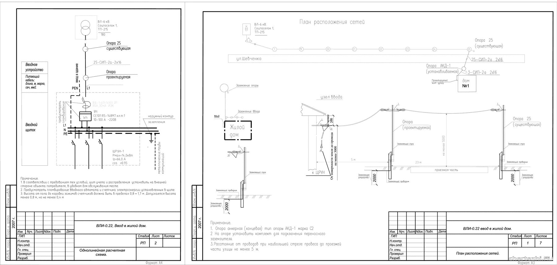 Проект подключения частного ЭСН Наружное электроснабжение жилого дома ВЛ-СИП-220В Рм - 14 кВт - Чертежи.РУ