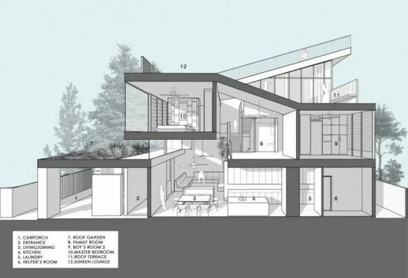 Проект современного дома чертеж Floor-Plan-Picture Sloping Roof Design Terrace at Modern Roof Garden House in Si