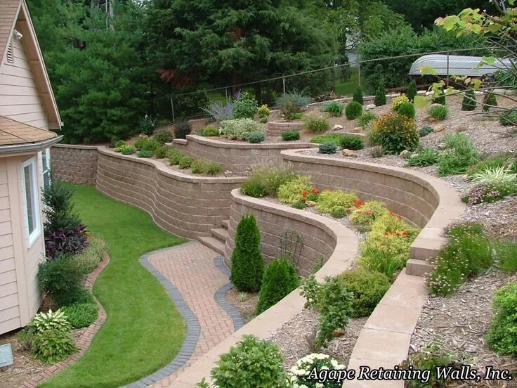 Проект участка с уклоном фото Agape Retaining Walls Hardscape Photo Album Bahçe tasarım fikirleri, Bahçe düzen