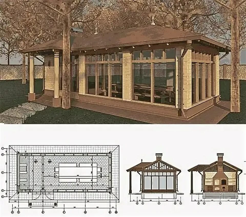Проект закрытая беседка чертеж Как построить большую кирпичную беседку с печью барбекю из кирпича на загородном