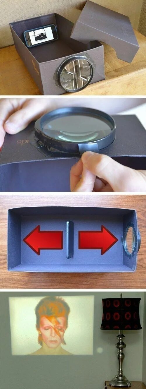 Проектор своими руками в домашних Make an iPhone projector out of an old shoe box and a magnifying glass. 21 Amazi