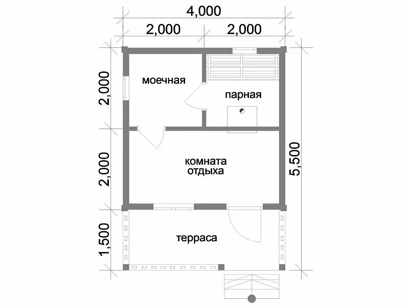 Проекты бань 4х5 планировка Проект и планировка бани 4х4 метра с террасой из сухого бруса 140х140 мм бани-ба