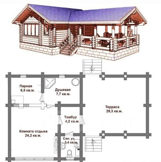 Проекты деревянных бань из оцилиндрованного бревна от 49 до 77 м² в Москве cтран