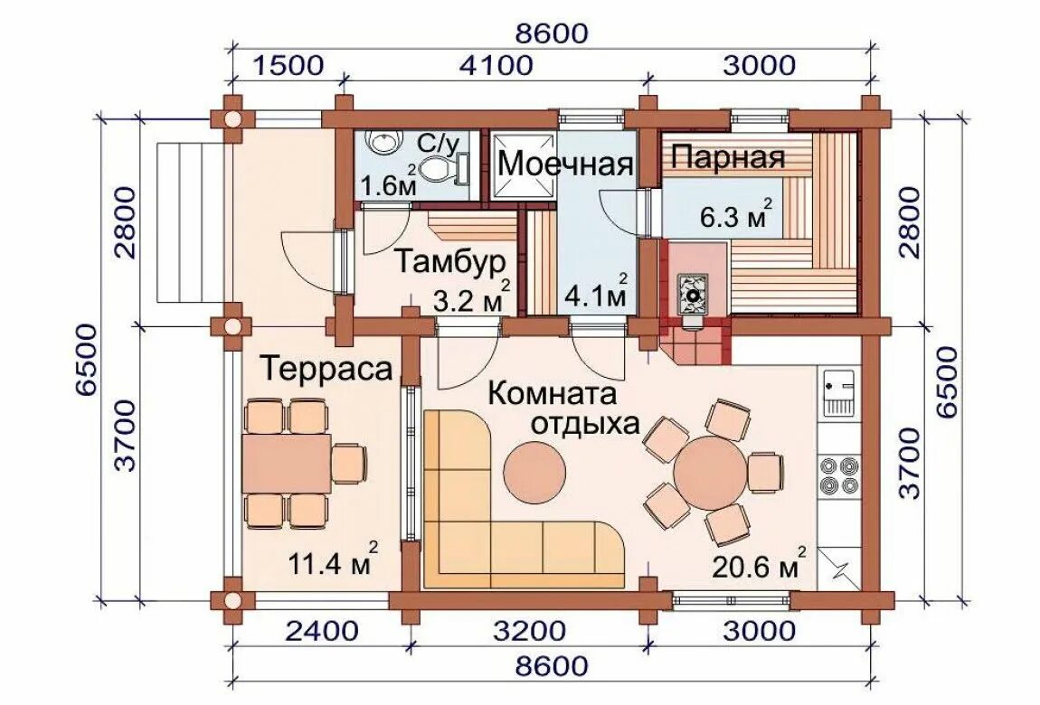 Проекты бань с комнатой фото Проект бани АСД-1499 47.2м2, фото, цена, размеры Строительство домов под ключ в 