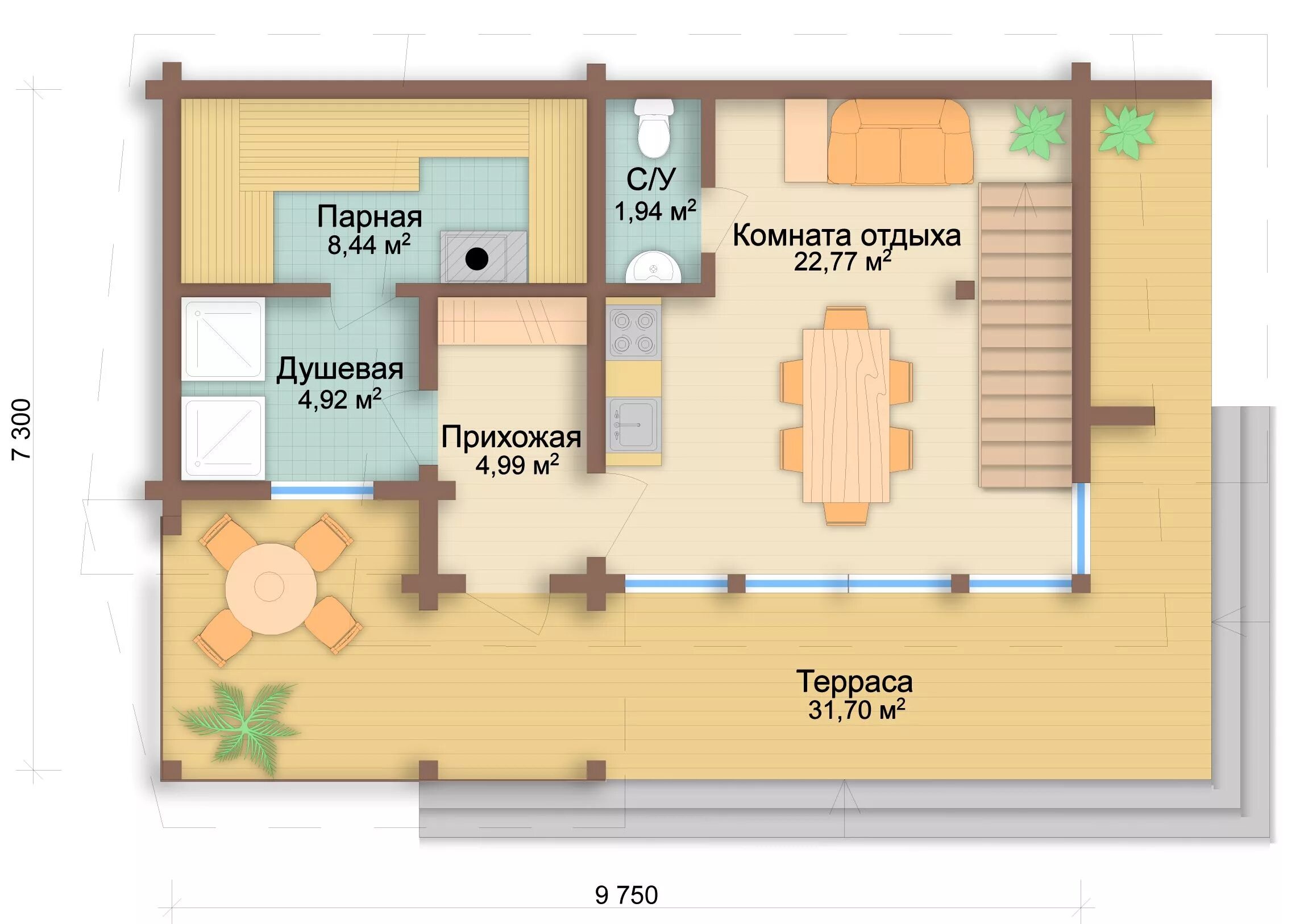 Проекты бань с комнатой фото Баня из клееного бруса Cubism Style 63 Bath Дизайн комнаты отдыха, Планировки, Б