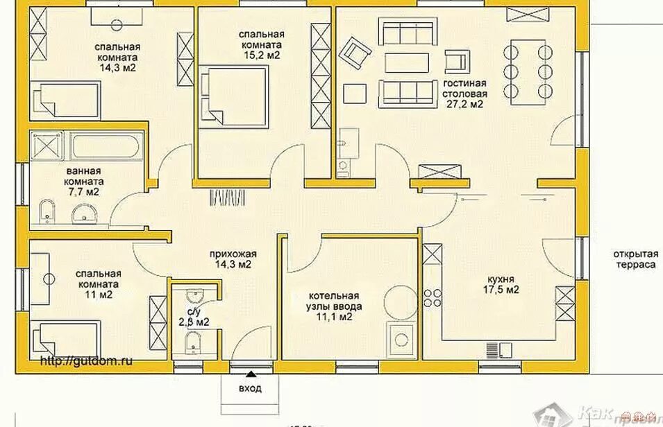 Проекты домов планировка комнат Одноэтажный дом 12х12 фото - DelaDom.ru