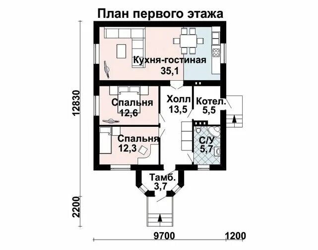 Проекты домов с планировкой 2 спальни Проект одноэтажного дома AS-2286 из газобетона с крыльцом и эркером