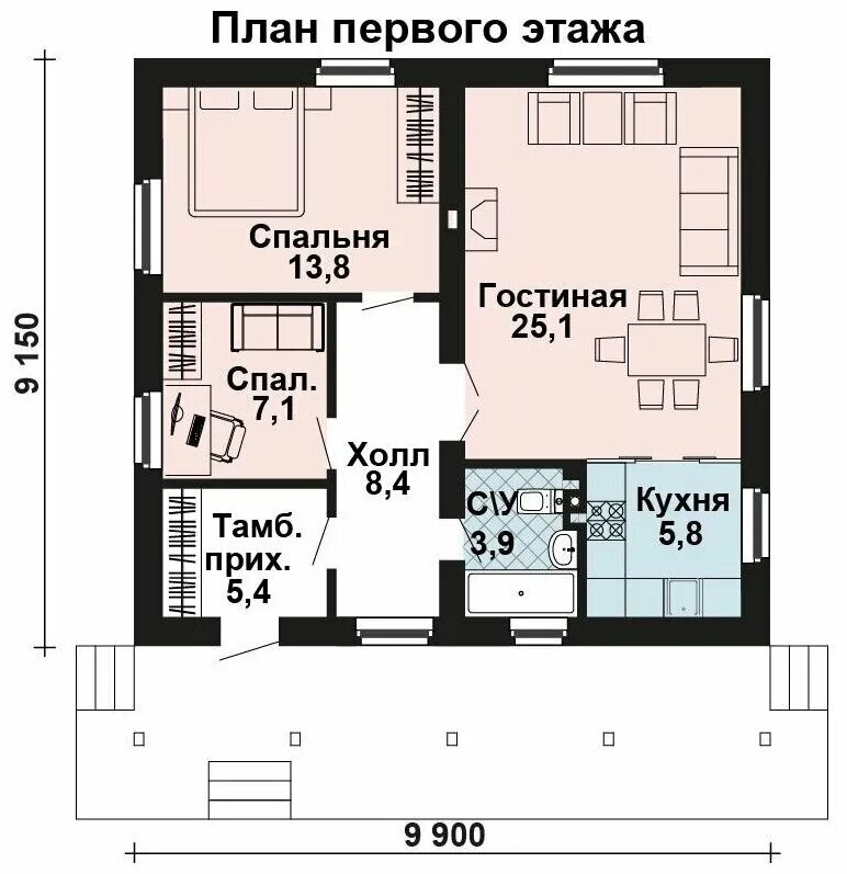 Проекты домов с планировкой 2 спальни 70м2, 10х9м) Готовый проект одноэтажного дома из газобетона с террасой и крыльцо