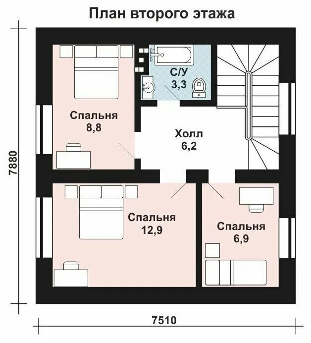 Проекты домов с планировкой 2 спальни 77м2, 8х8м) Готовый проект двухэтажного дома из газобетона с камином - AS-2053 -