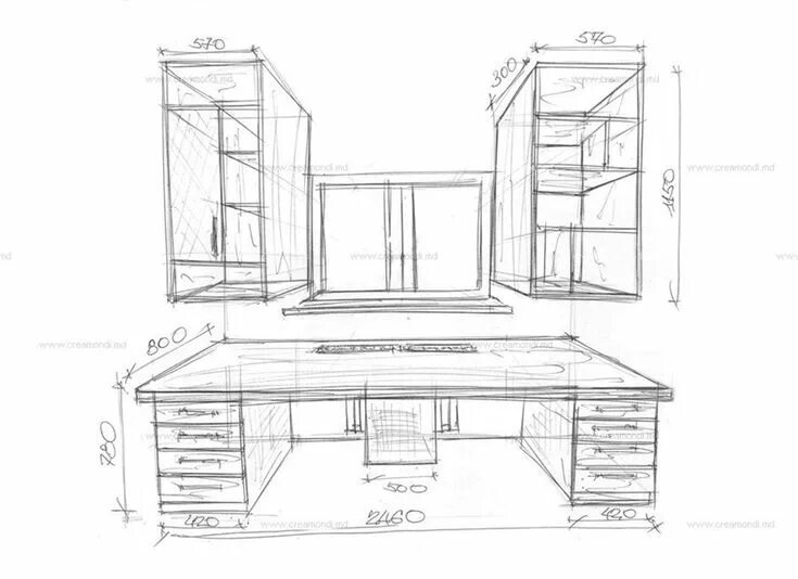 Проекты и чертежи мебели для дома Стол ученический с навесными полками. в Молдове. Эскизы и чертежи мебели от Crea