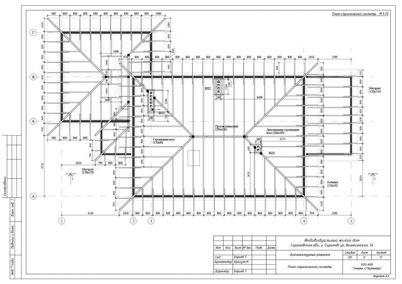 Проекты кровли домов чертежи Индивидуальный жилой дом (г. Саратов) стропильная система