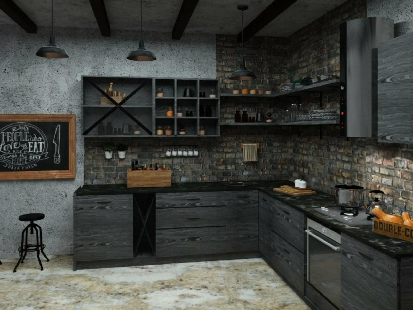 Проекты кухонь в стиле лофт Black Loft Kitchen - 70 photo