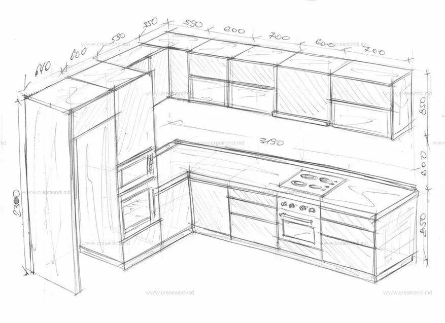 Проекты кухонных гарнитуров с размерами фото Угловая кухня в новострой. в Молдове. Эскизы и чертежи мебели от Creamondi. Черт