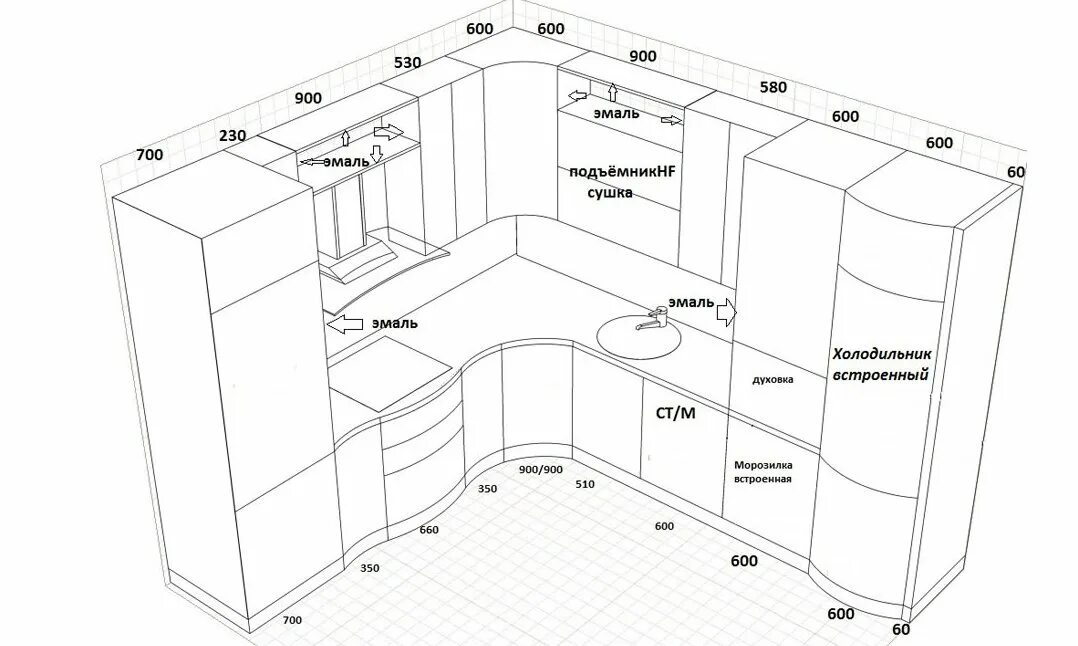 Проекты кухонных гарнитуров с размерами угловые фото Чертежи и схемы кухонных шкафов с размерами