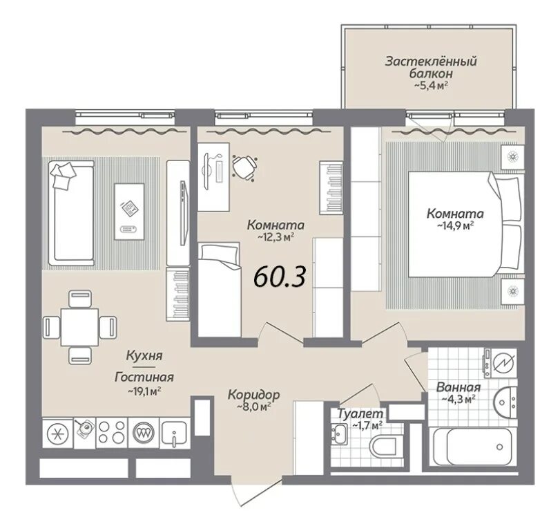 Проекты квартир с интерьером 60 кв м Новостройки, стоимость - 5 730 000 руб. общая площадь 60.3 м2, кухня 19.1 м2