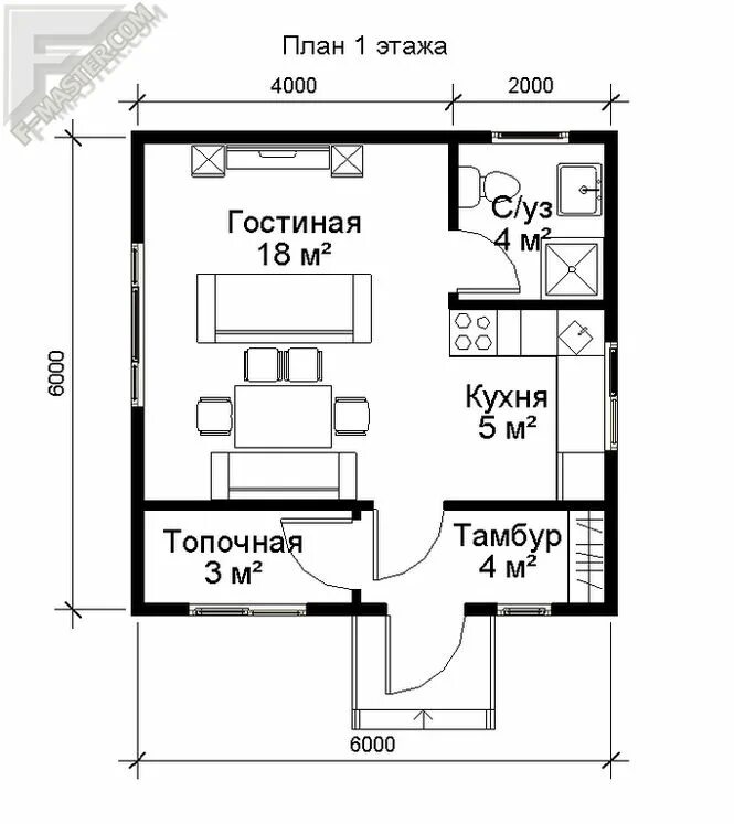 Проекты одноэтажных домов 6х6 планировка Проект одноэтажного каркасного дома 6х6 House plans, Cabin plans, Floor plans