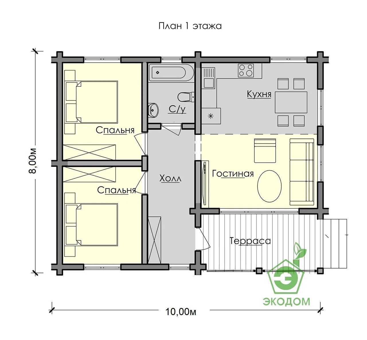Проекты одноэтажных домов из бруса планировка ДОМ ИЗ БРУСА 10х8м (ПБ2) строительство домов в Екатеринбурге, цена - "ЭКОДОМ"
