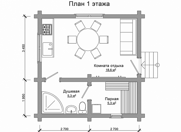 Проекты саун и бань схемы и чертежи Одноэтажная баня 5,4х5,4 заказать по цене 657000 руб. в г.Домодедово - izba-mech