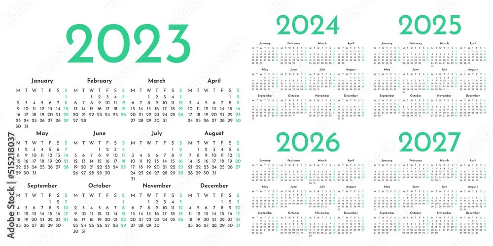 Профессиональный календарь на 2025 год Set of green and white monthly calendar templates for 2023, 2024, 2025, 2026, 20