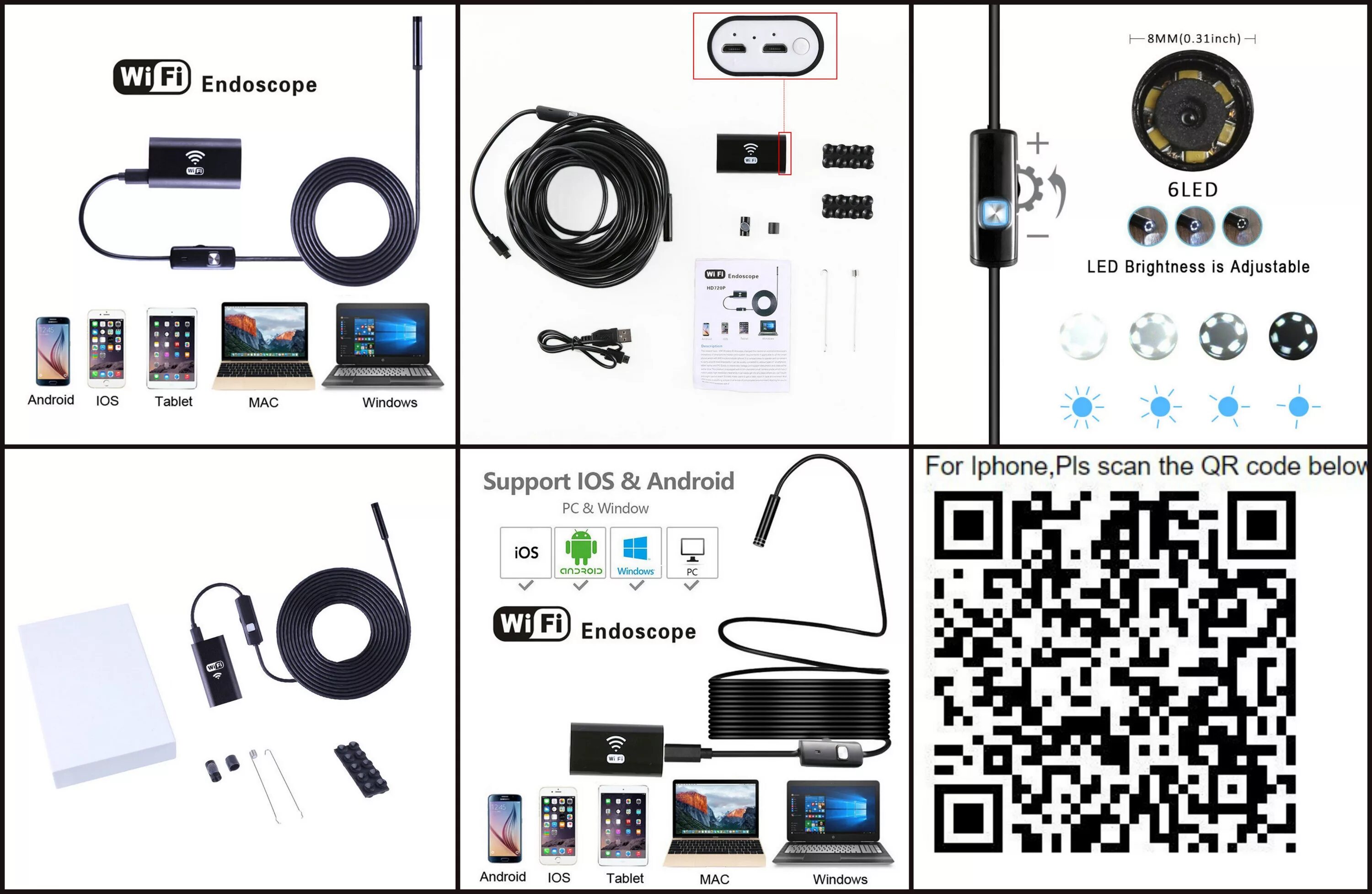 Программа для подключения эндоскопа к телефону TripleClicks.com: 2 in 1 plug: 5-10M 5/7/8mm 6LED Android Iphone WIFI Endoscope 