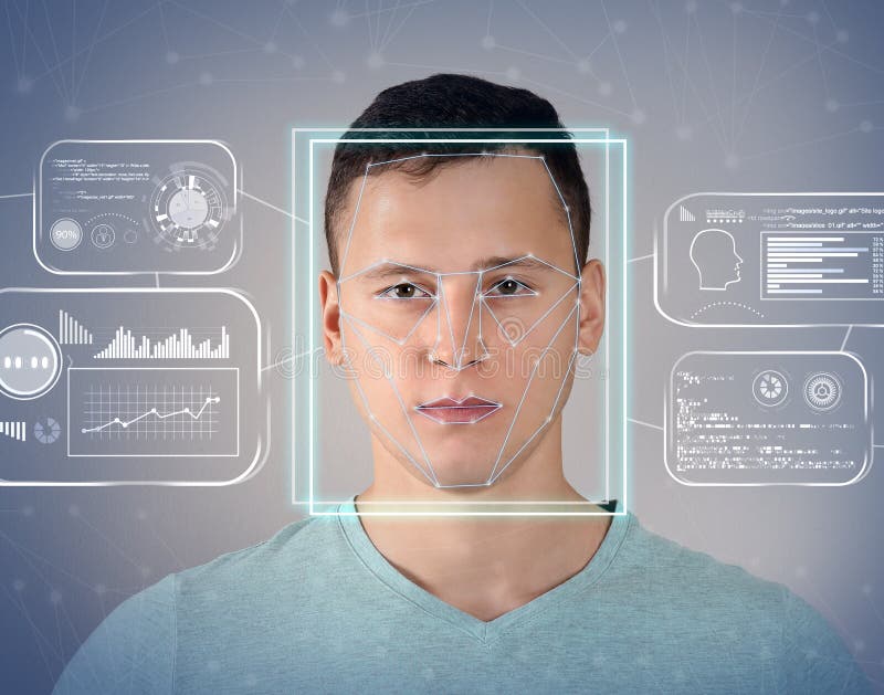 Программа распознавания лиц по фото Facial Recognition System. Man with Scanner Frame on Face, Information Stock Ima