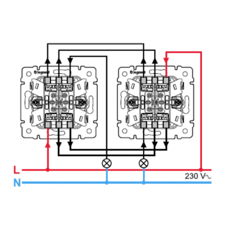 Проходной двухклавишный legrand схема подключения Выключатель двухклавишный проходной - Valena - 10 AX - 250 В - слоновая кость 77