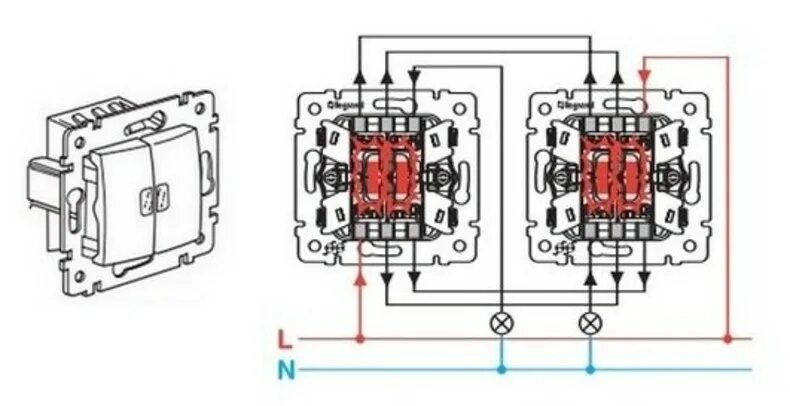 Проходной выключатель двухклавишный схема подключения на 2 Двухклавишный проходной выключатель: устройство схема подключения советы по монт