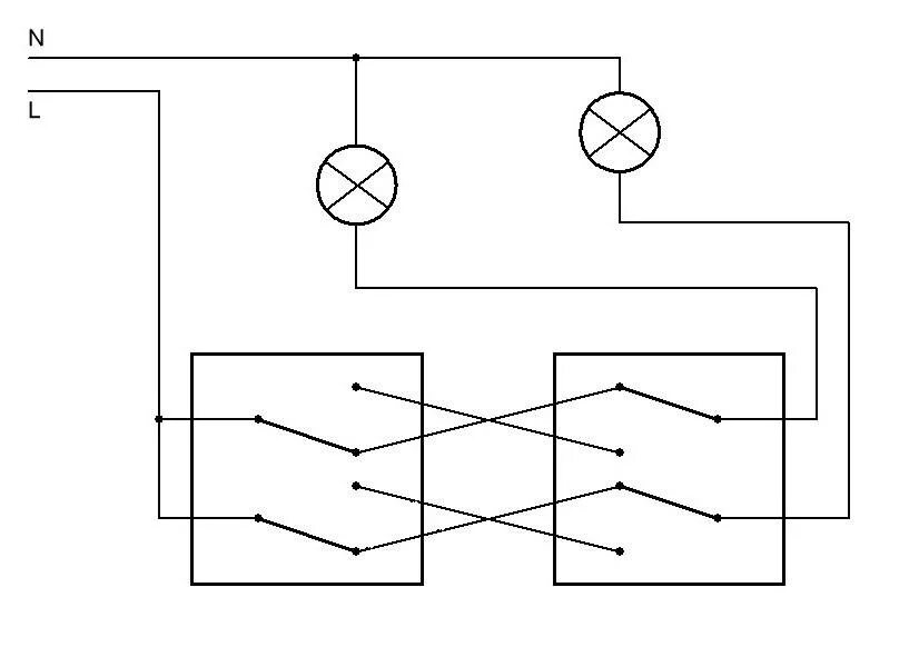Проходной выключатель на 2 лампочки схема подключения Схема подключения проходного выключателя с 2х мест