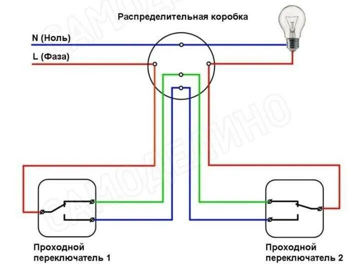 Проходной выключатель одноклавишный схема подключения с двух Схема подключения проходного выключателя - пошаговая инструкция!