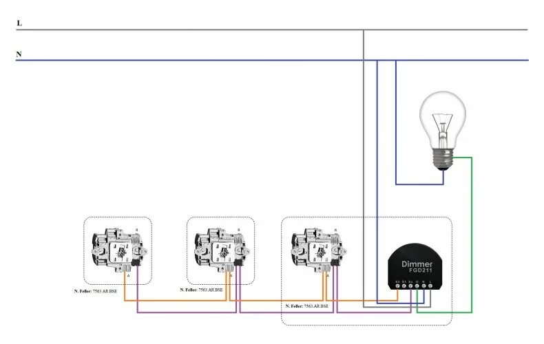 Проходные диммеры схема подключения Подключение проходного выключателя: принцип работы и схема подключения из двух и