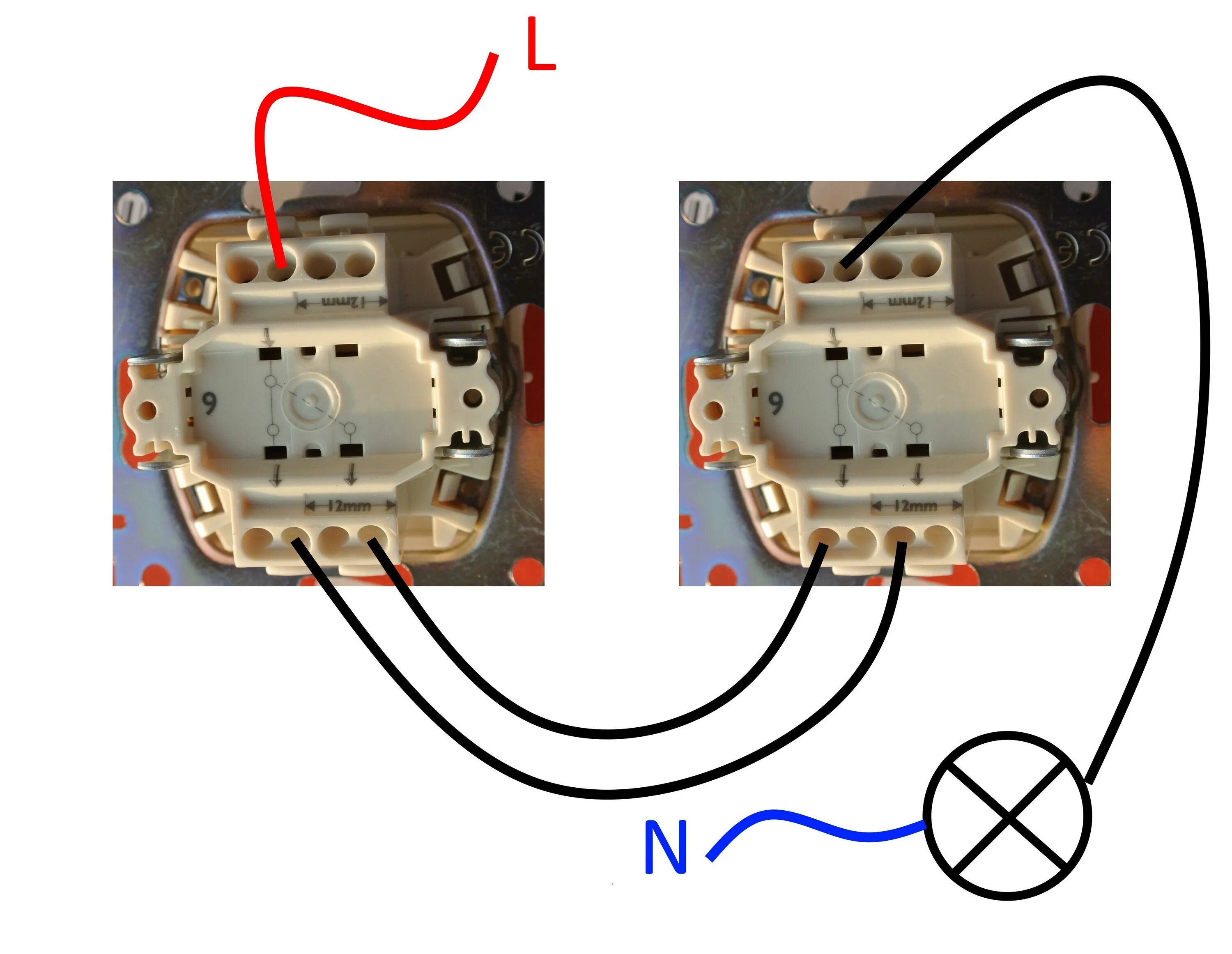 Проходные выключатели схема как подключить соединить 2 Картинки СХЕМА ПРОХОДНОГО ВЫКЛЮЧАТЕЛЯ С ДВУХ