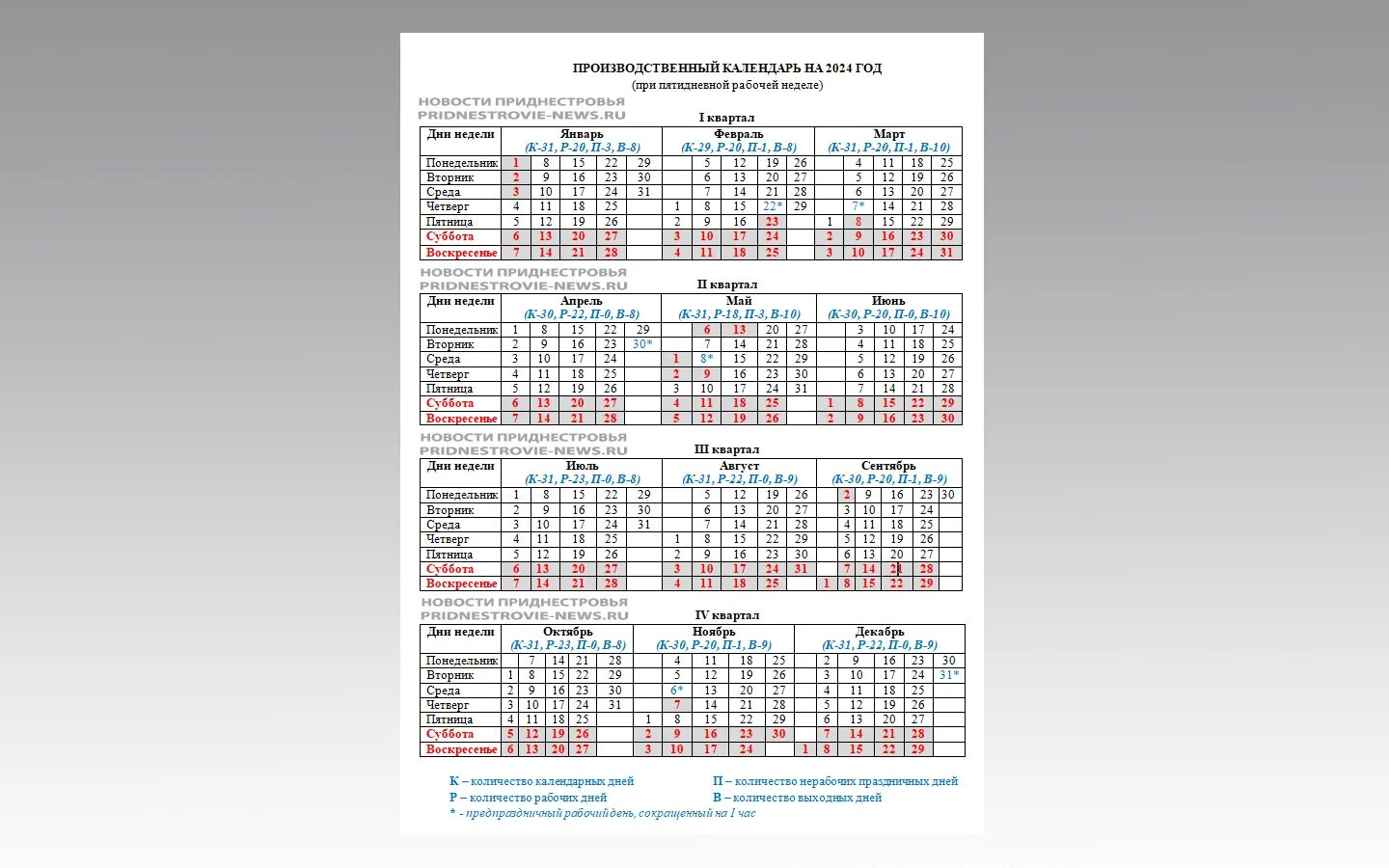 Прои зводственный календарь на 2024 год Календарь праздников 2024 для шестидневной рабочей недели