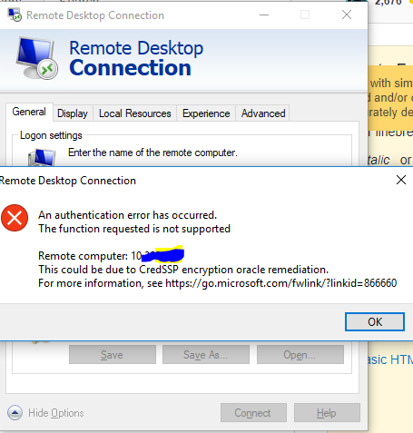 Произошла ошибка при установке подключения rdp Remote desktop connection error after updating Windows 2018/05/08 - CredSSP upda