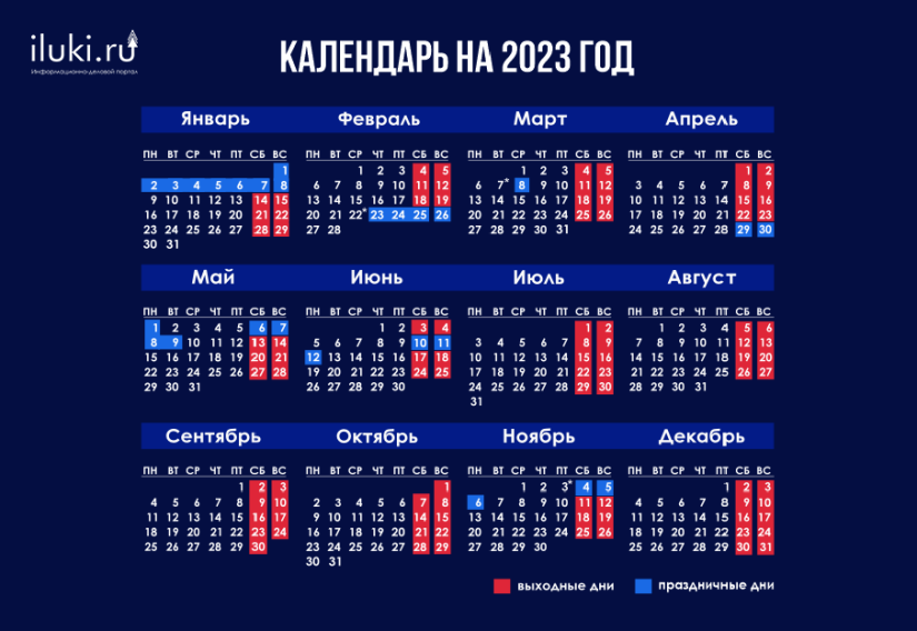 Производств 2023 календарь с праздниками и выходными Календарь рабочих и выходных дней на 2023 год