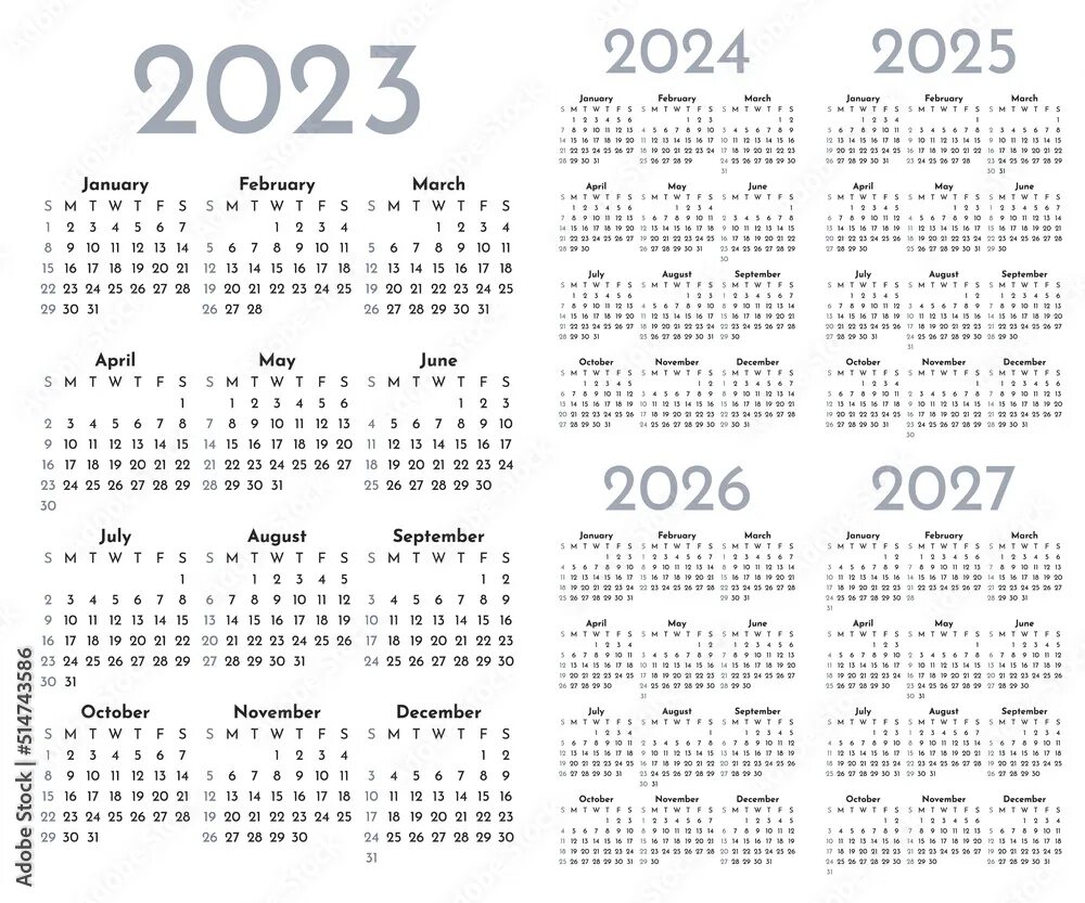 Производственный календарь 2024 2025 2026 Set of monochrome monthly calendar templates for 2023, 2024, 2025, 2026, 2027 ye