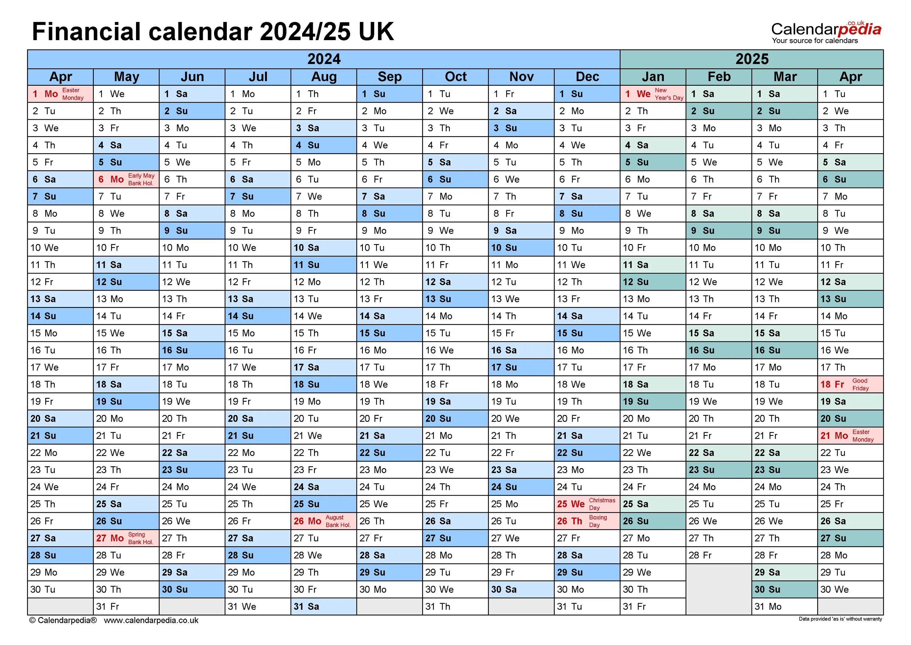 Производственный календарь 2024 2025 года Financial calendars 2024/25 UK in Microsoft Excel format