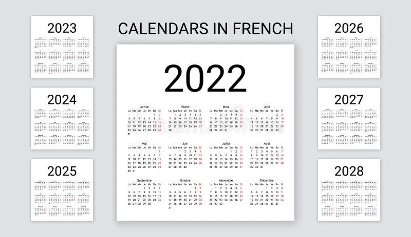 Производственный календарь 2025 2026 2027 French Calendar 2022, 2023, 2024, 2025, 2026, 2027, 2028 Years. Vector Illustrat