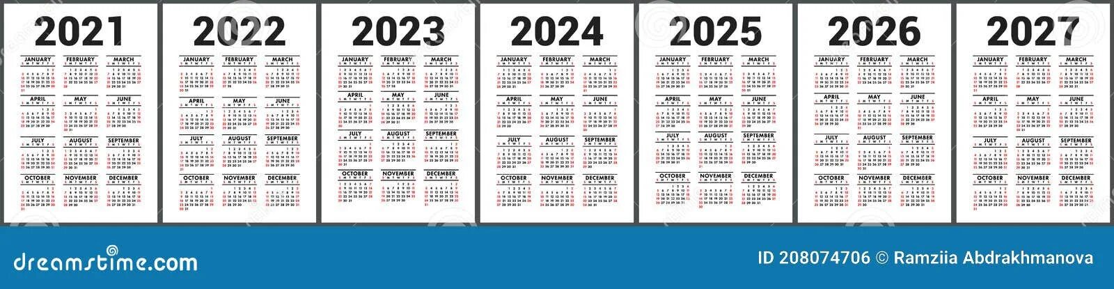 Производственный календарь 2025 2026 2027 Calendar 2021, 2022, 2023 and 2024, 2025, 2026 and 2027. English Vector Set. Ver