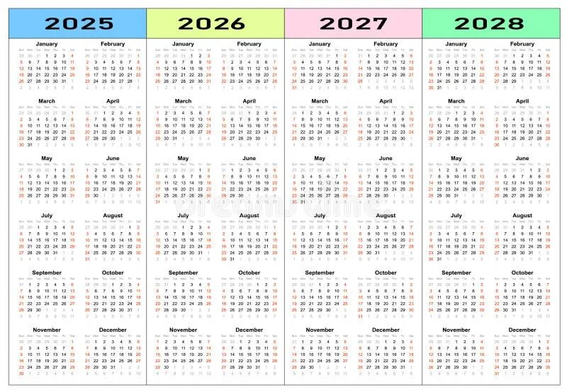 Производственный календарь 2025 2026 2027 Calendar 2025, 2026, 2027, 2028 Years Set. Stock Vector - Illustration of years,