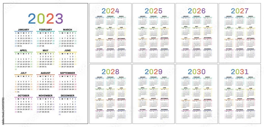 Производственный календарь 2025 2026 2027 Color calendar 2023, 2024, 2025 and 2026. Colorful vector pocket calender design