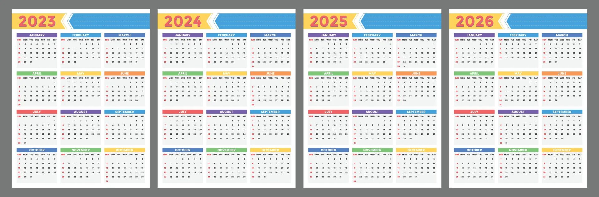 Производственный календарь 2025 2026 год Calendar 2023 2024 2025 2026 years. week starts on sunday vector template 122063